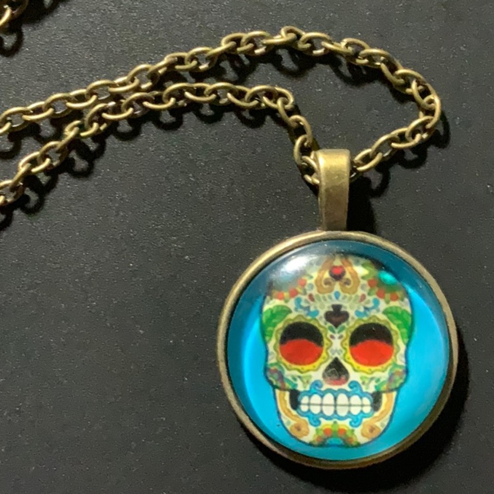 Bronze Cabochon Necklace - Sugar Skull